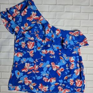 Rose + Olive One Shoulder Top Floral Blue Red